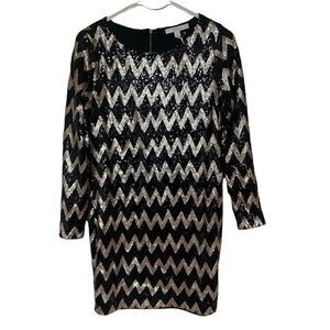 Piperlime Collection NEW sequin long sleeve mini formal dress zip zag gold black